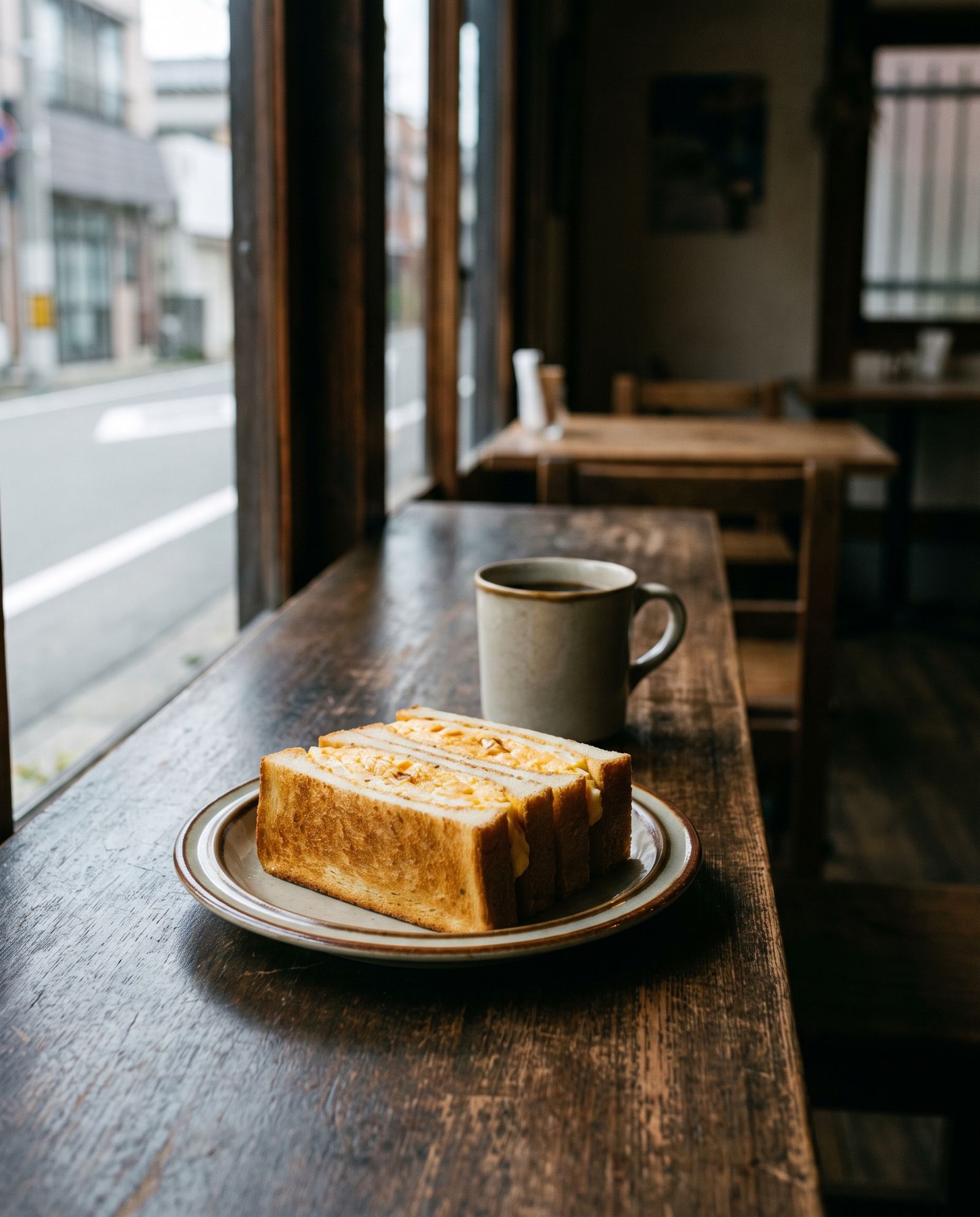 窓辺のカウンターに置いた、厚いたまごのサンドイッチと珈琲