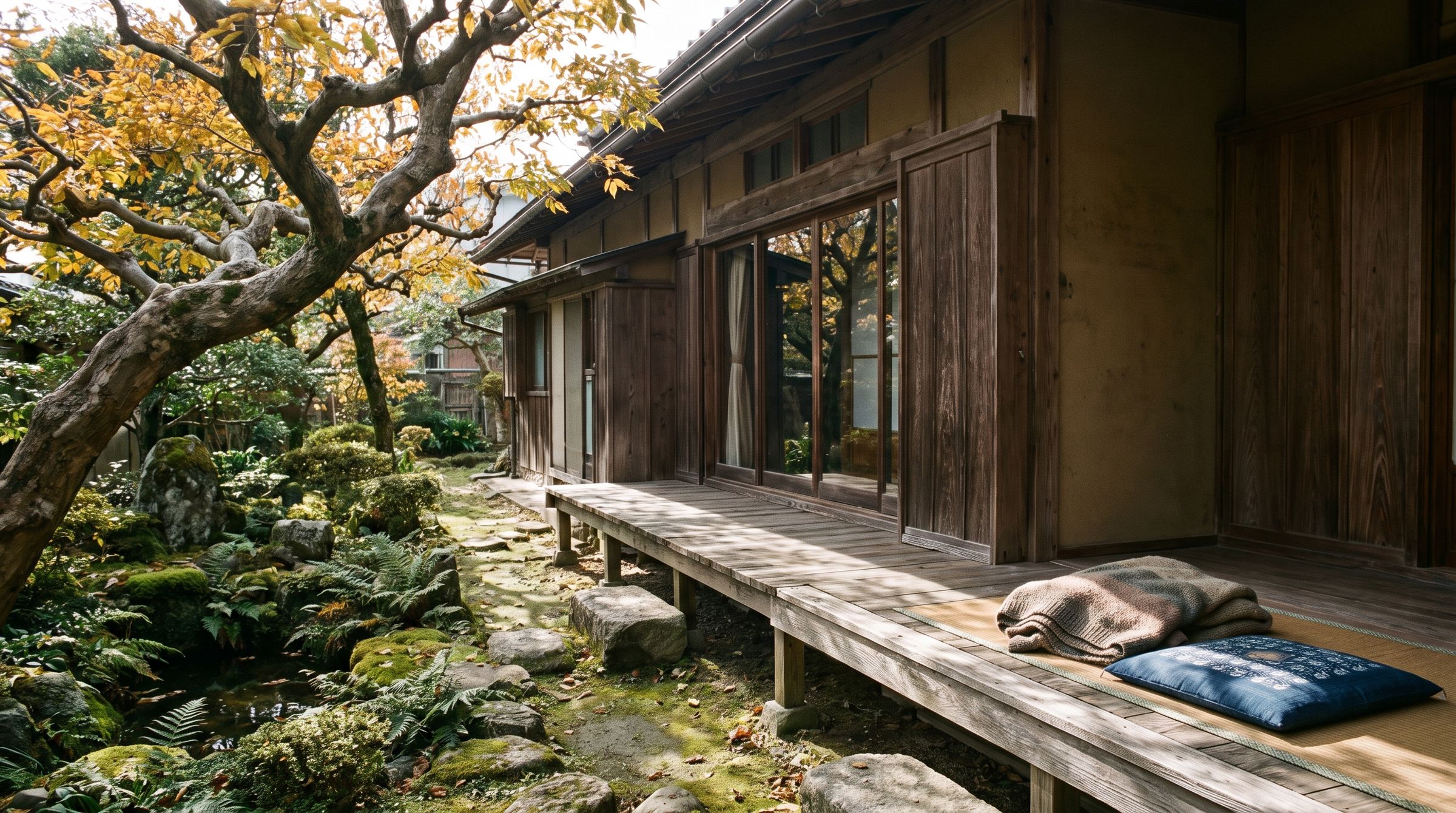 紅葉した木の葉の影が落ちる、木の縁側と苔の庭