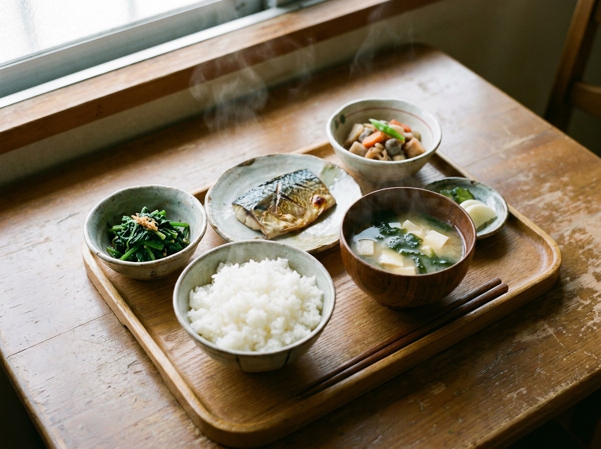 ご飯と焼き魚と小鉢がのった、木の盆の昼食