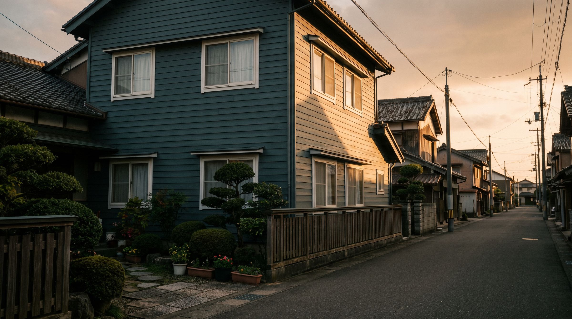 青緑の外壁に塗り替えたばかりの二階建ての家に、夕方の低い日が当たっている