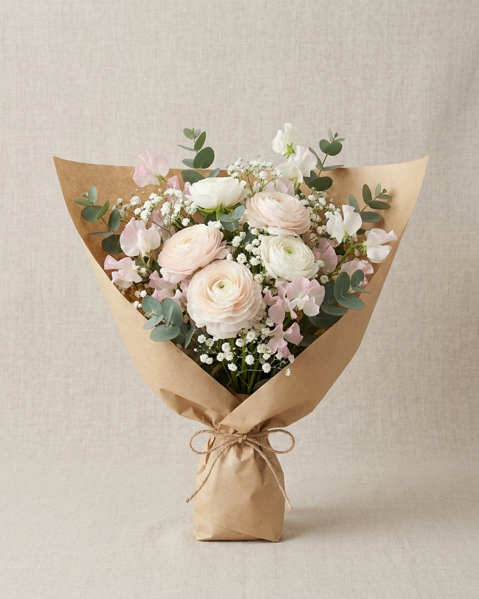 クラフト紙で包んだ、淡いピンクのラナンキュラスとかすみ草の花束