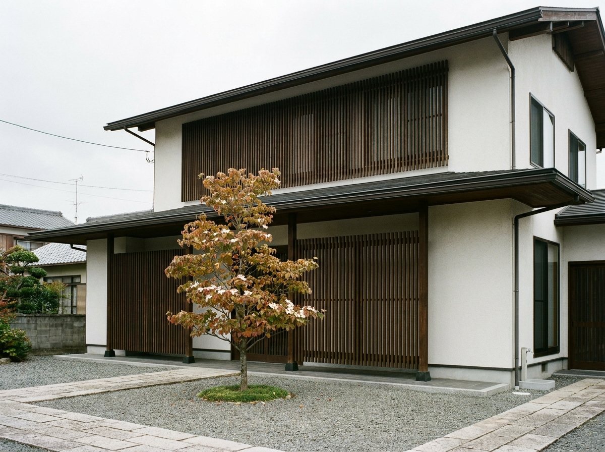 格子のある二階建ての会館と、前庭の木