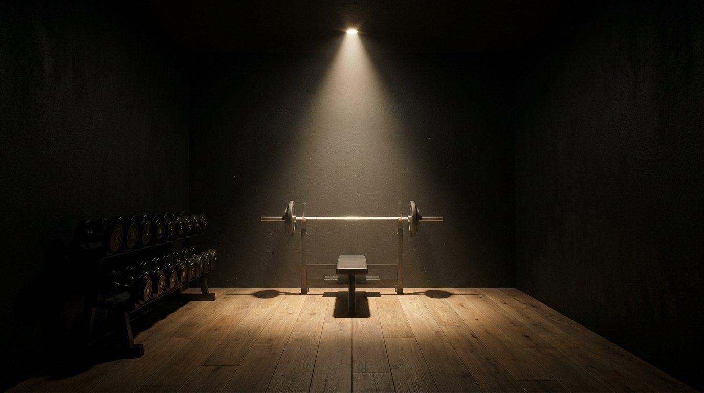 夜のパーソナルジムの個室。天井の灯りが、床のベンチとバーベルだけを照らしている