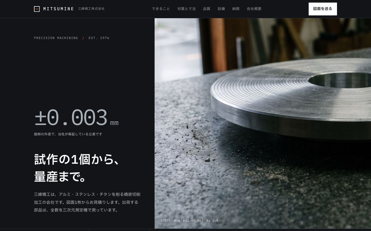 三峰精工株式会社の見本の最初の画面