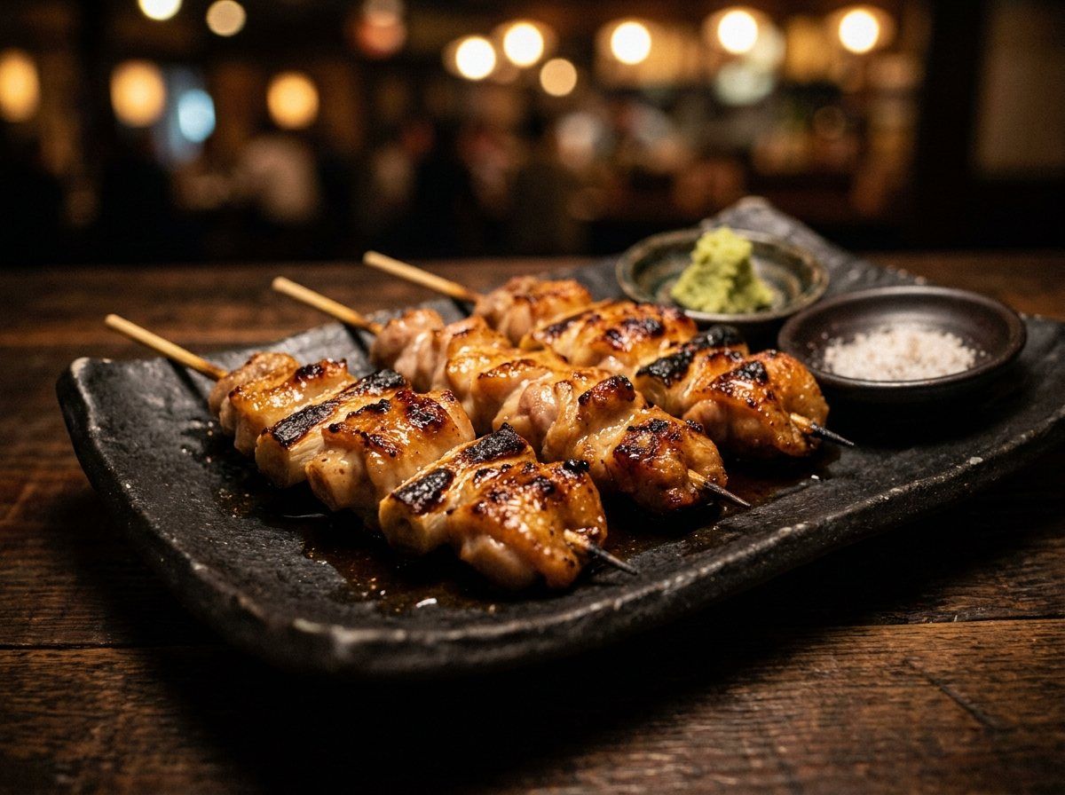 黒い角皿に並んだ、焼き目のついた串焼きと塩とわさび