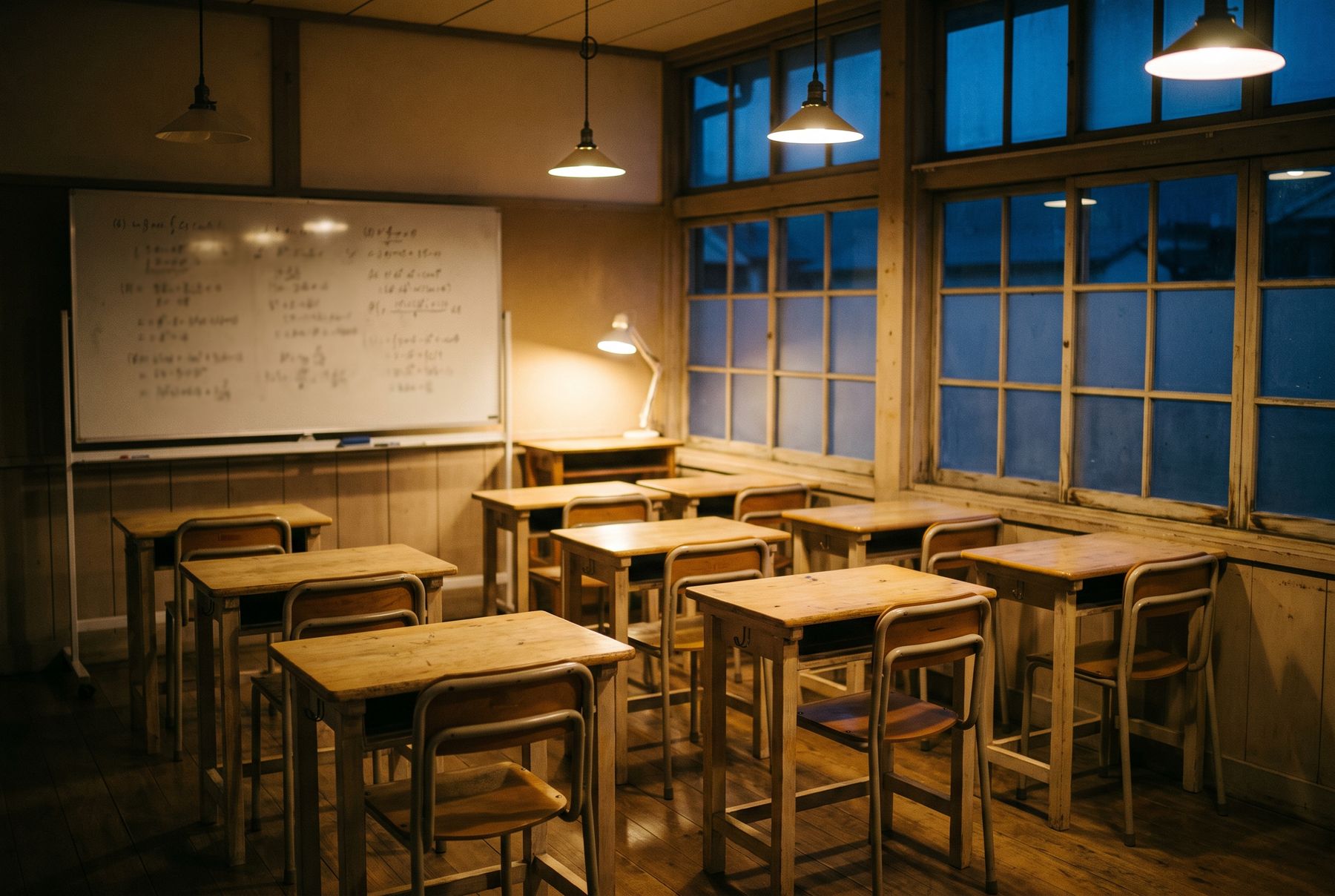 夕方の教室。木の机が並び、ホワイトボードに数式が書かれている