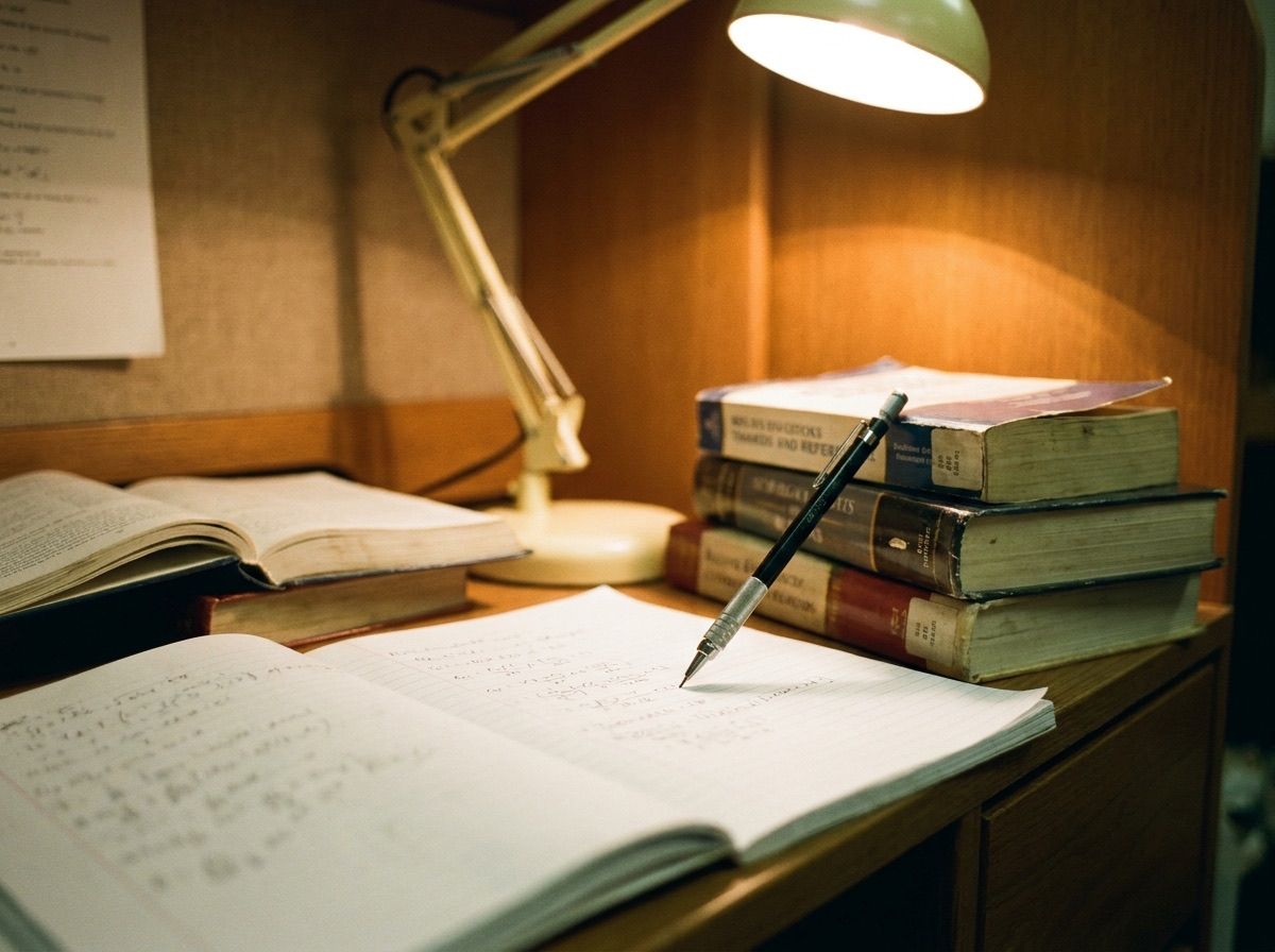 机の明かりの下に、開いたノートと参考書が積まれている