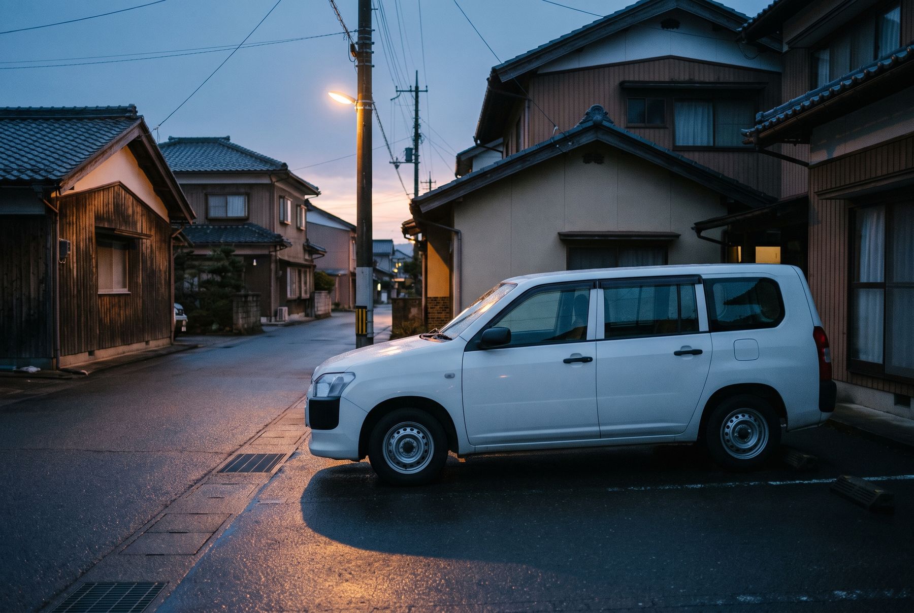 夜明け前、住宅の前に停めた白い作業車