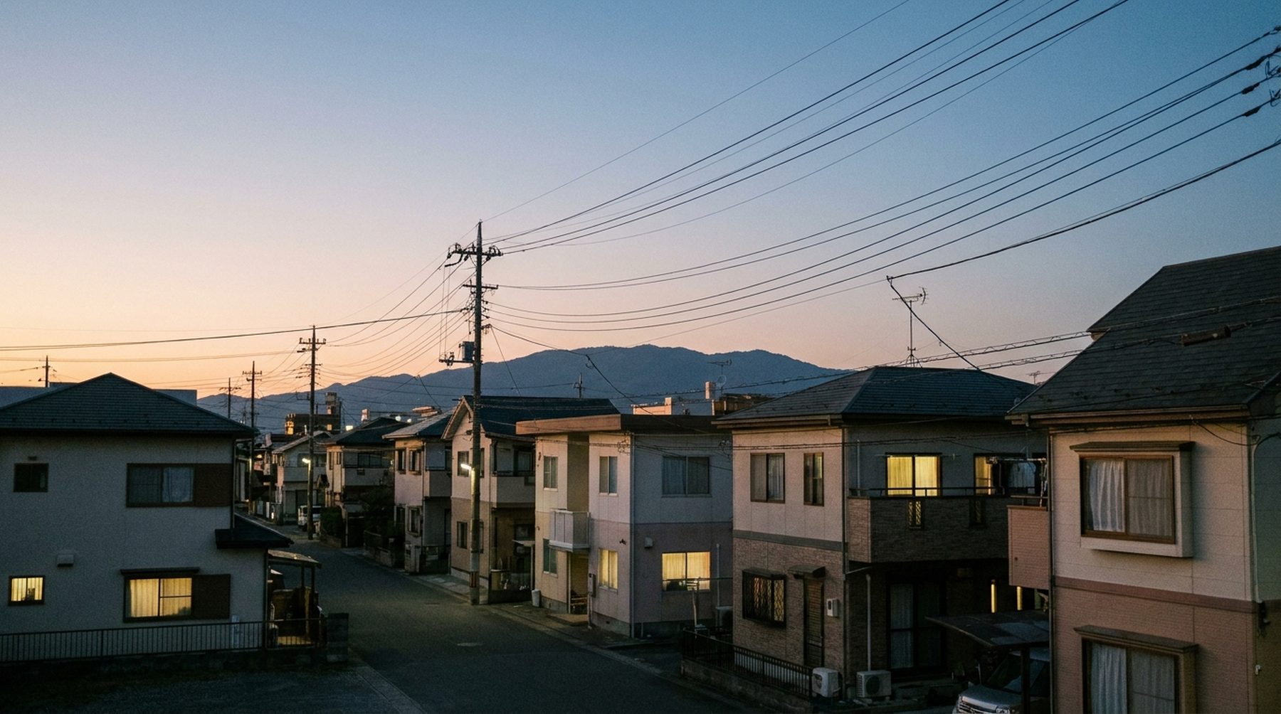 夕暮れの住宅街。家々の窓に明かりがともり、遠くに山の稜線が見える