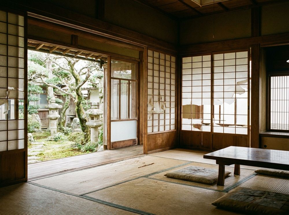 旭町の中古戸建ての和室。開け放した縁側の先に庭の松が見える