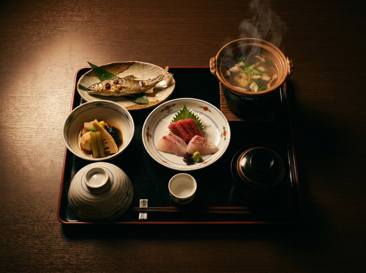 漆の膳に並ぶ刺身、焼き魚、煮物と湯気の立つ土鍋