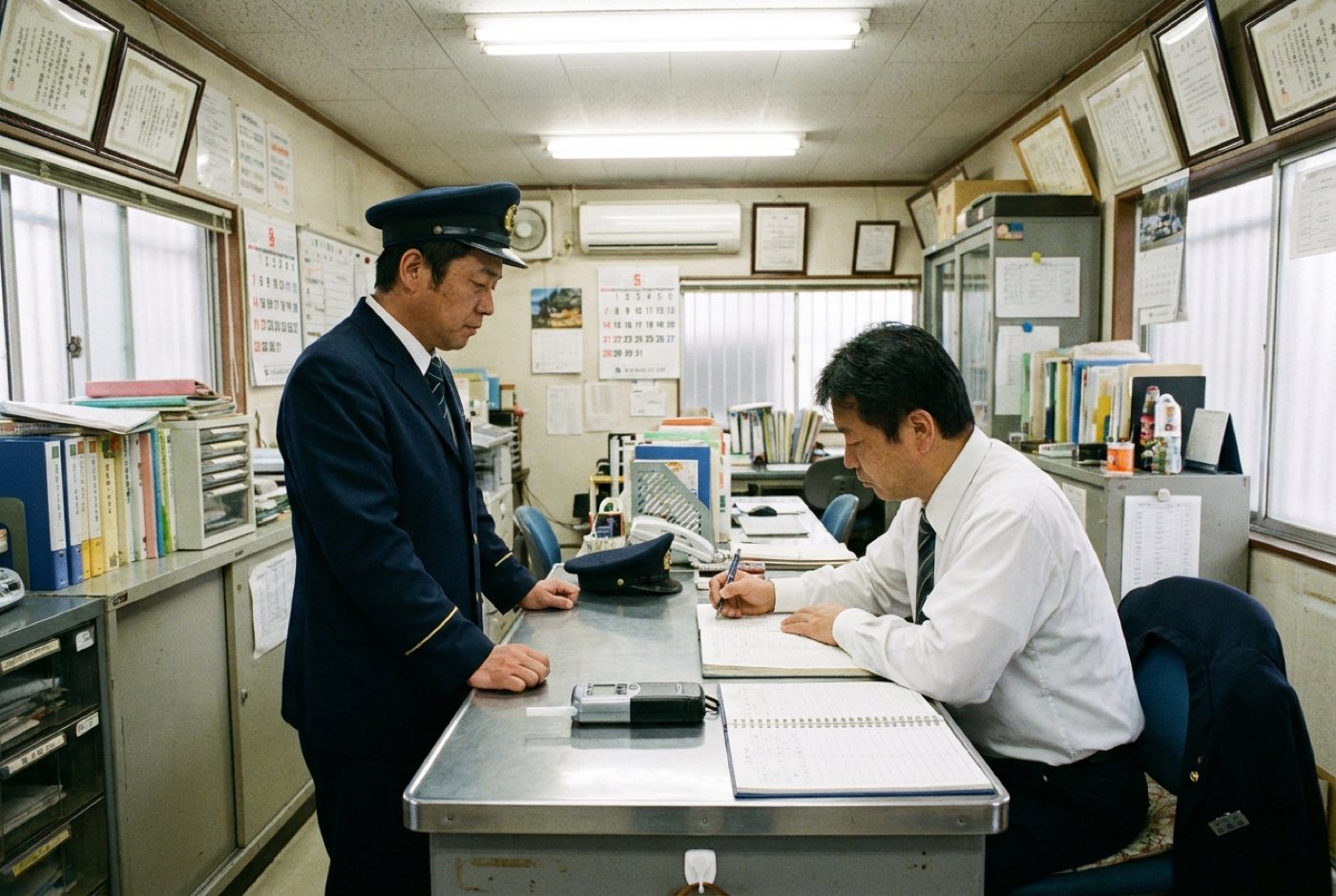 事務所で、運行管理者が出発前の乗務員と対面で点呼をしている