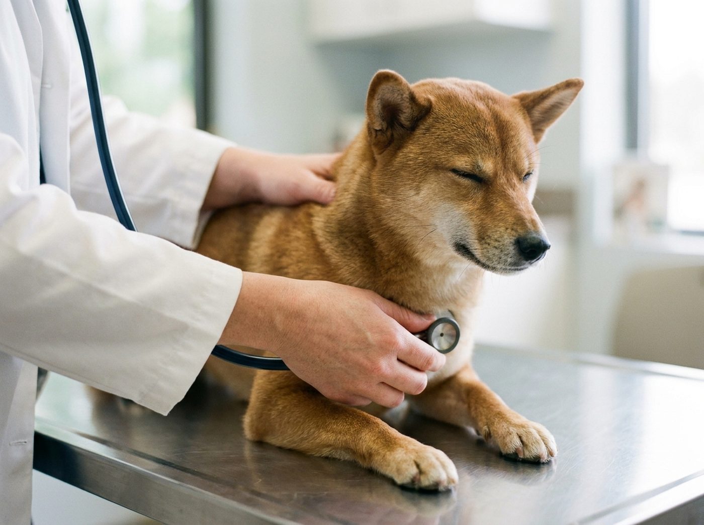 診察台の上で、聴診器をあてられて目を細める柴犬