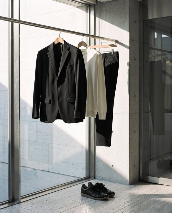 前の晩に洗って干した、ジャケット・ニット・パンツ。朝の窓辺